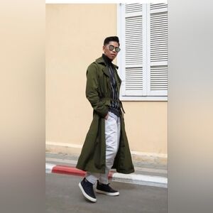 H&M STUDIO Men's Size Small Nylon Trench Coat Long Lightweight Khaki Green